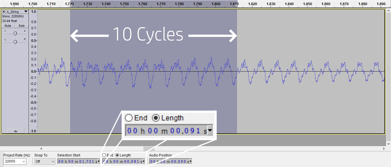 An open A string recording, visualised (time domain)