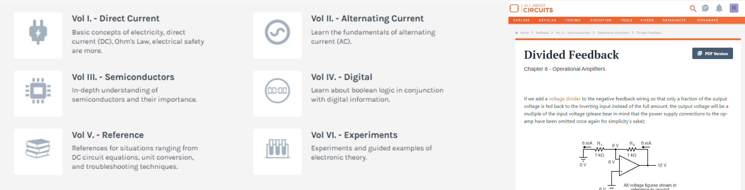Screenshots of All About Circuits Online
